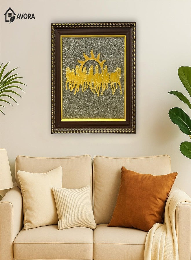 AVORA Pyrite Stone Frame with Vastu Seven Running Horses with Sun to Attract Money, Protection and Chakra Healing - Wooden Photo Frame Wall Decor Items for Living Room with Original Pyrite Dust for Money Success - Image 2